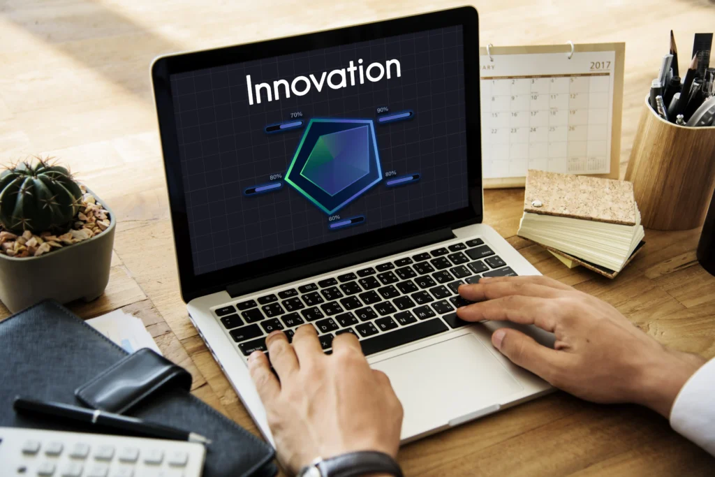 Fintech innovations concept shown on a laptop screen with innovation chart.