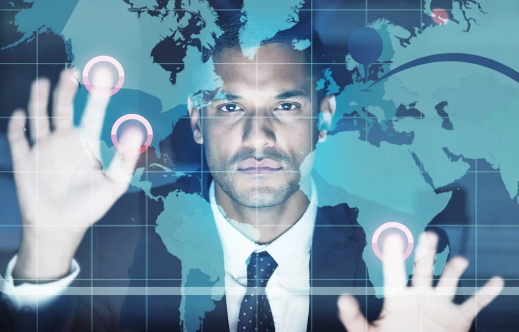 Business professional interacting with a digital world map, symbolizing global digital identity and secure forex market transactions