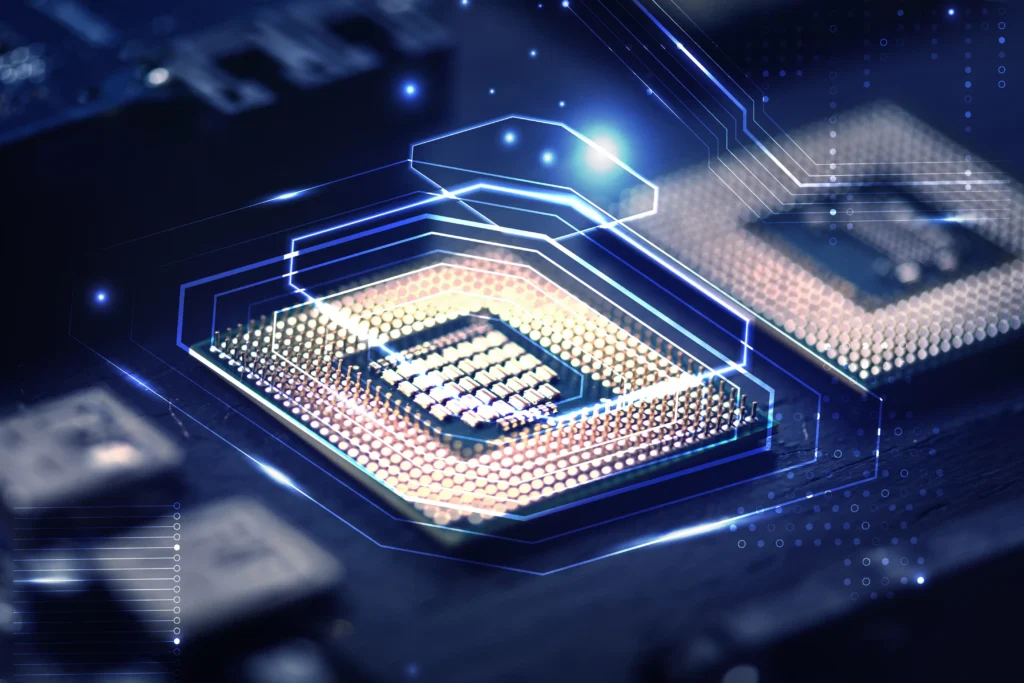 Close-up of a computer microchip with digital lines, symbolizing quantum computing technology in forex market analysis
