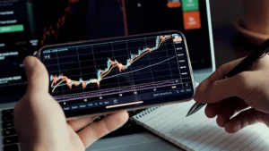 Copy Trading vs Telegram Signals chart analysis on smartphone with rising trend lines and forex trading notes.