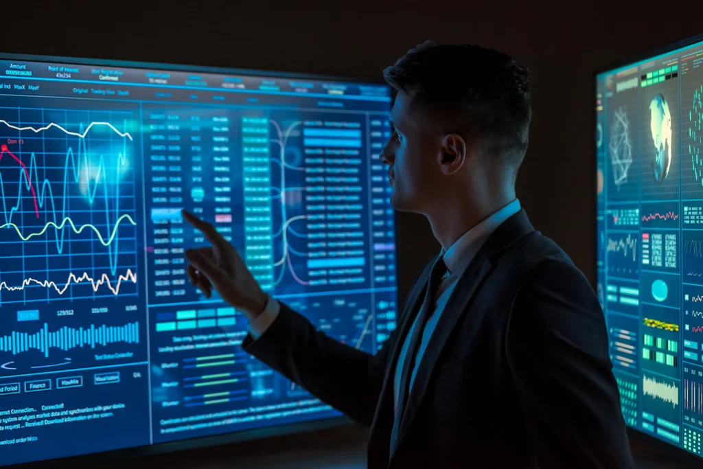 A trader analyzing AI-powered trading signals on digital screens to evaluate market accuracy in 2025.