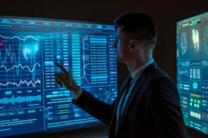 A trader analyzing AI-powered trading signals on digital screens to evaluate market accuracy in 2025.
