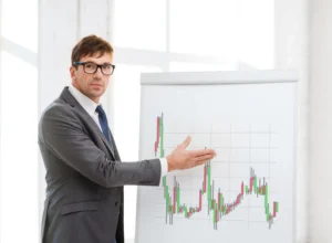 Business analyst explaining Head and Shoulders and Inverse Chart Patterns on a candlestick chart.