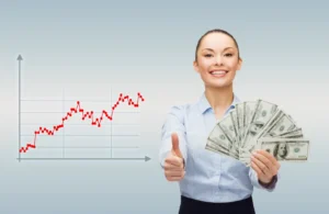 A smiling trader holding dollar bills with a rising forex chart in the background, symbolizing Smart Money Concept Forex Trading success.