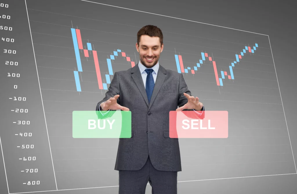 Trader analysing forex chart with buy and sell options showing the concept of Forex Spread and market decision-making.
