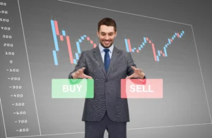 Trader analysing forex chart with buy and sell options showing the concept of Forex Spread and market decision-making.