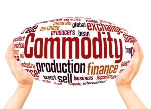 Hands holding a globe-shaped word cloud with the term “Commodity” in bold surrounded by finance, trade, production, and market-related words, symbolizing global commodity markets under pressure.