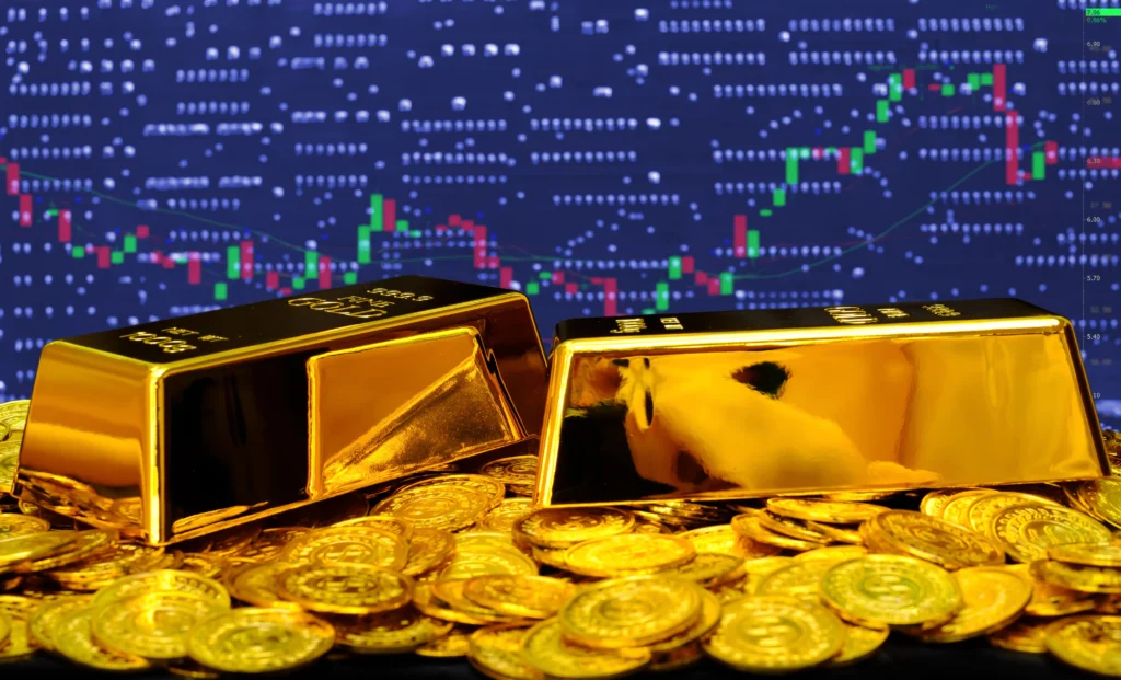 Gold bars and coins with digital trading chart showing parabolic price surge and correction signals in 2025.