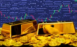Gold bars and coins with digital trading chart showing parabolic price surge and correction signals in 2025.