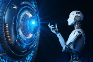 AI robot interacting with a digital trading interface representing the Hybrid Trader’s Blueprint concept of combining artificial intelligence and human trading skills.