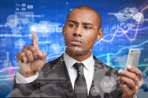 Business professional analyzing digital forex data using AI automation tools.