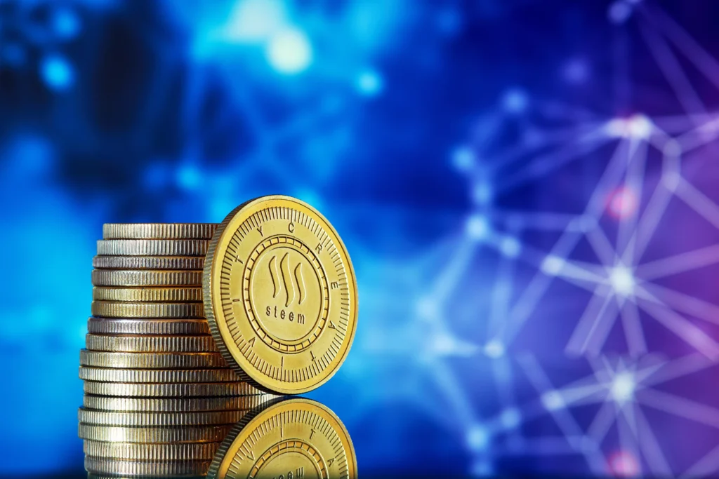 Stack of digital coins symbolizing Stablecoins against a blockchain network background