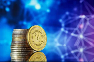 Stack of digital coins symbolizing Stablecoins against a blockchain network background
