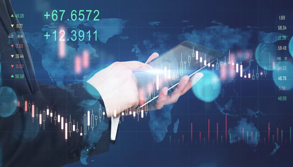 A forex trader using a tablet to analyze live candlestick charts with rising price data and digital market indicators — concept of Price Action Trading in 2025.