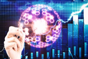 Hand drawing a glowing fusion-energy sphere with rising forex chart signals and futuristic city background.