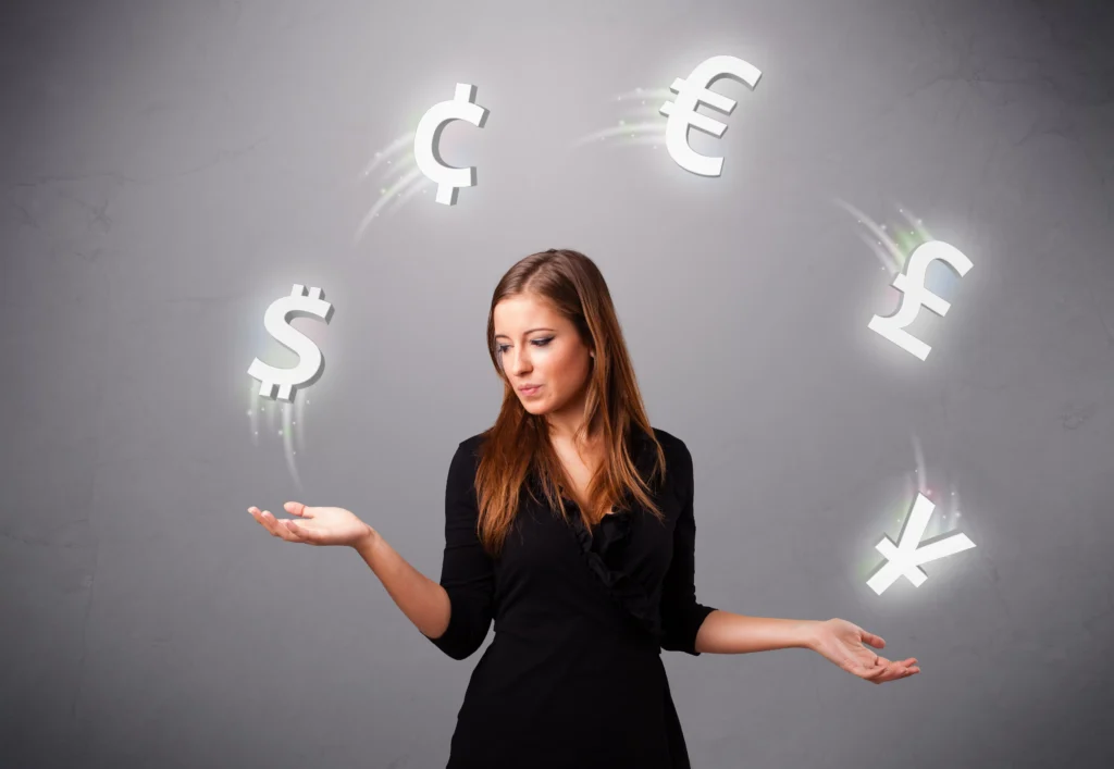 Woman analyzing commonly traded currency pairs with floating currency symbols around her.