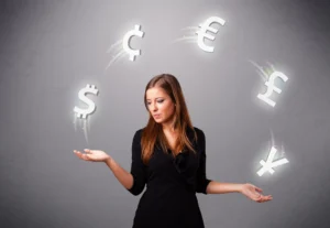 Woman analyzing commonly traded currency pairs with floating currency symbols around her.