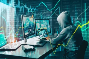Hacker manipulating forex trading data on multiple screens representing a Telegram Forex Signal Scam.