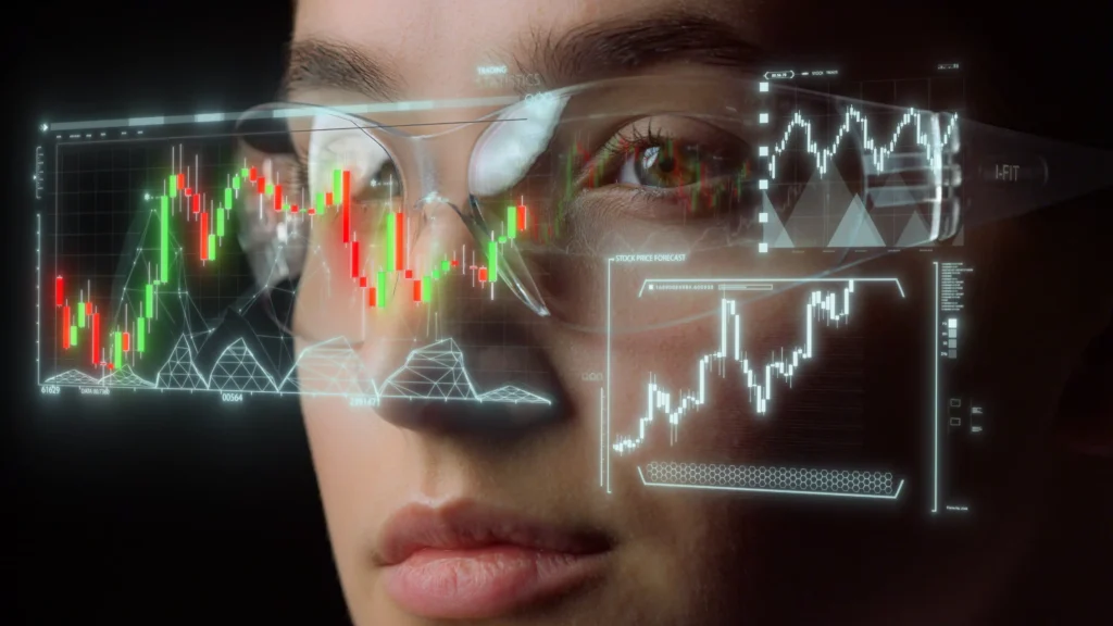 A trader analyzing digital charts through smart glasses showing holographic market data powered by Machine Learning in Trading.
