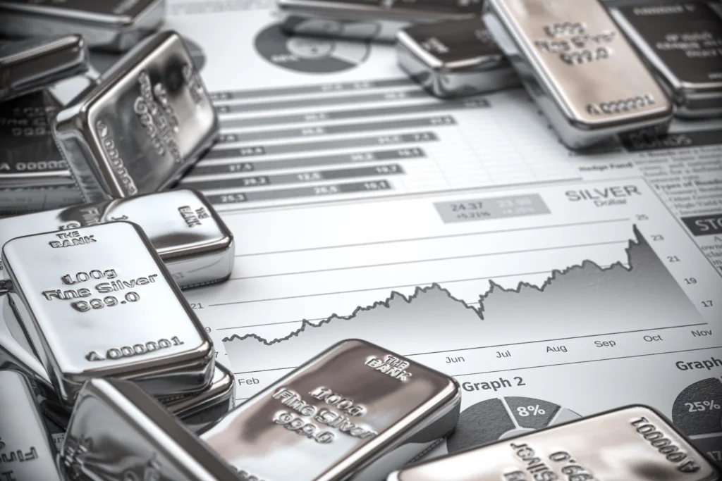 Silver bars stacked on financial charts showing market growth and silver price forecast for 2026.