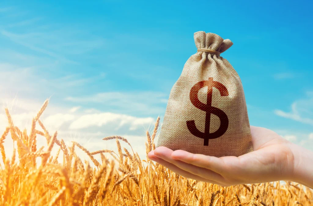 A hand holding a money bag with a dollar symbol over a wheat field, symbolizing profitable commodity investing in 2026.