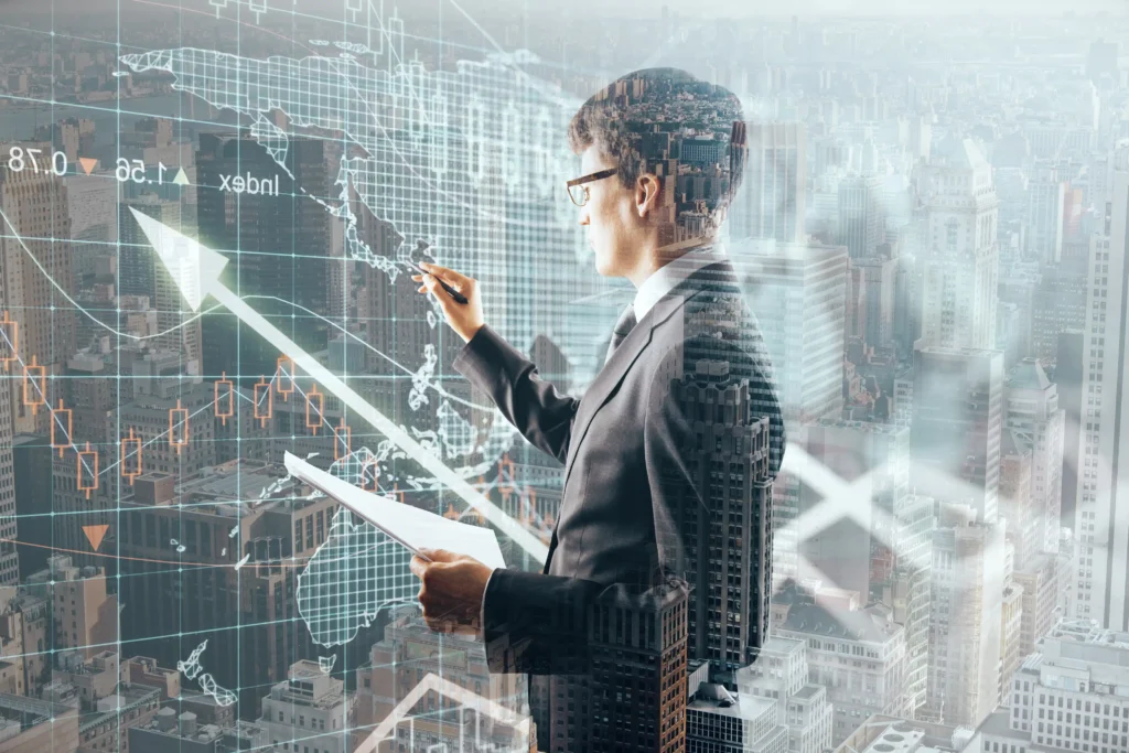 Business professional analyzing financial charts and global data representing modern Futures Trading in 2026