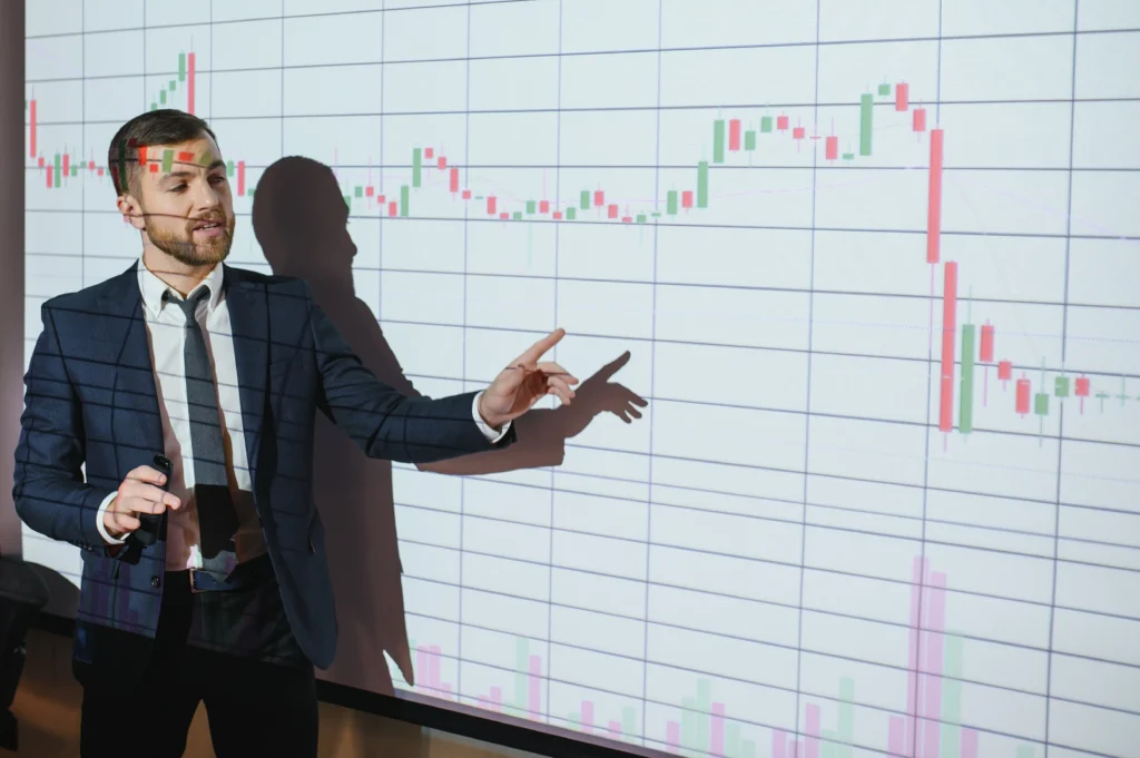 A financial analyst explaining a candlestick chart with moving averages during a trading presentation.