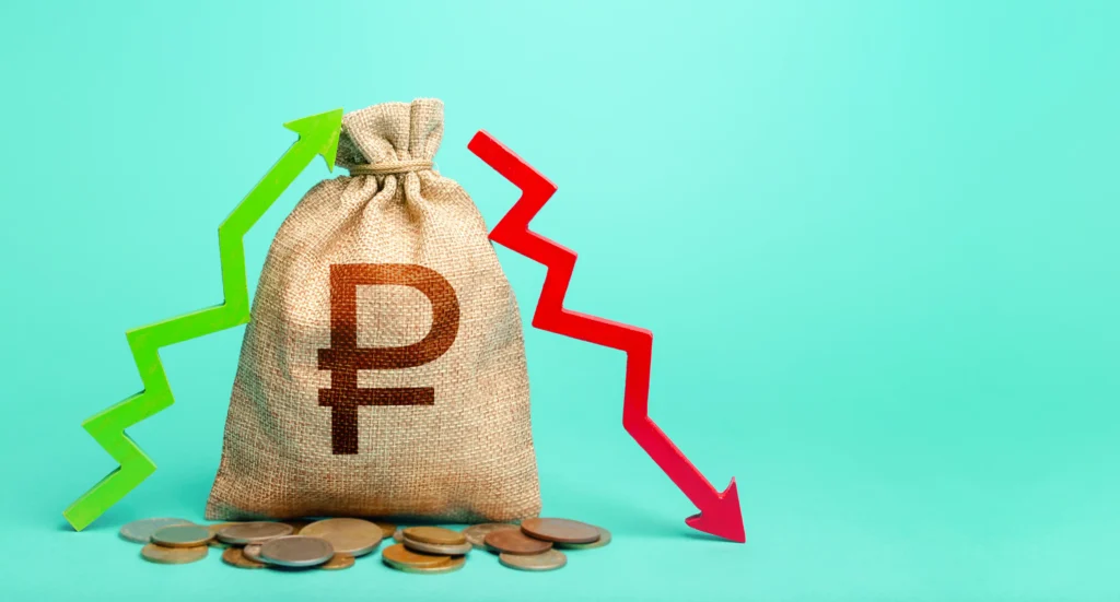 Producer Price Index (PPI) concept showing inflation rise and fall with currency bag and arrows