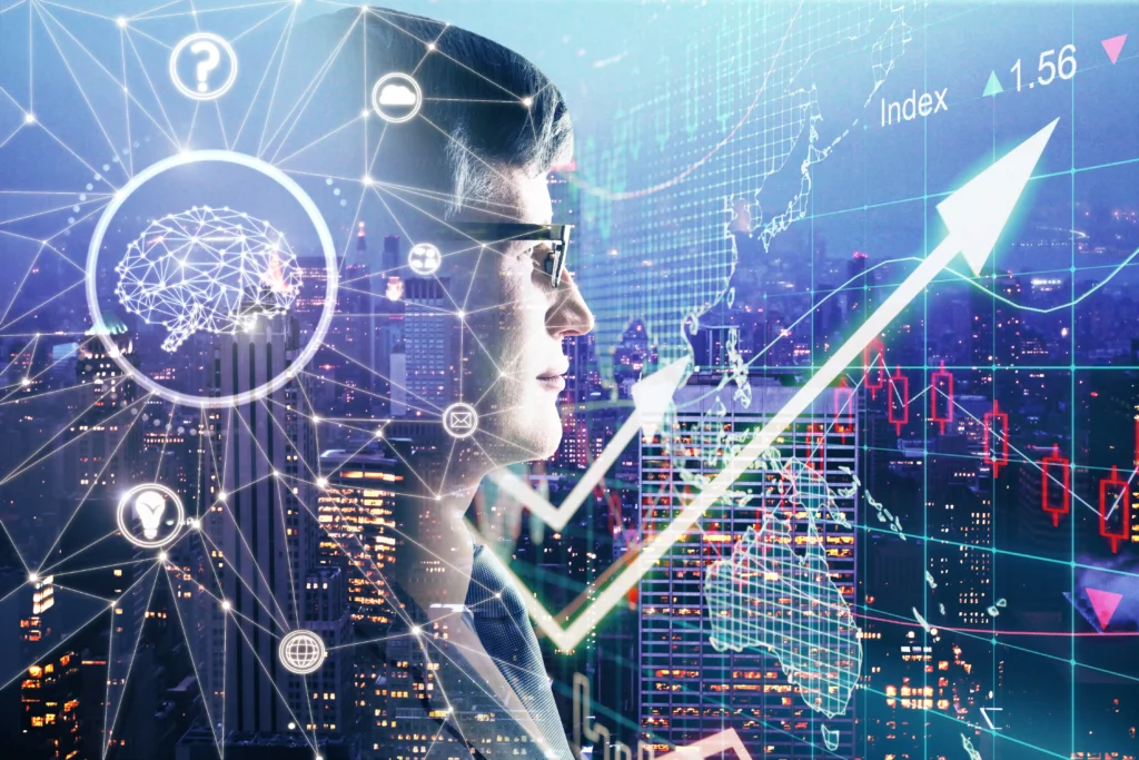 AI and Market Volatility concept showing artificial intelligence analyzing trading data and price charts in a digital financial cityscape, 2026.